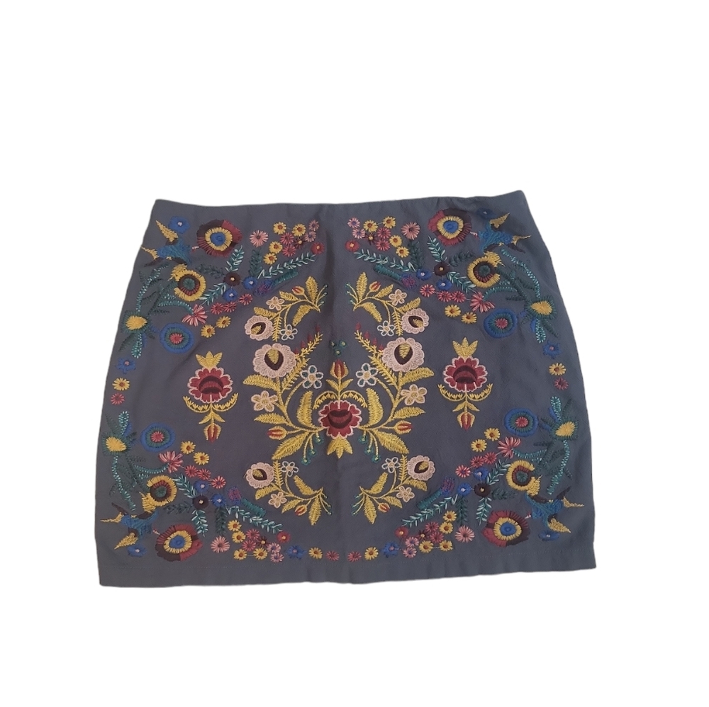 Umgee USA Floral Birds Boho Gypsy Embroidered Mini Skirt‎ Linen Size Large